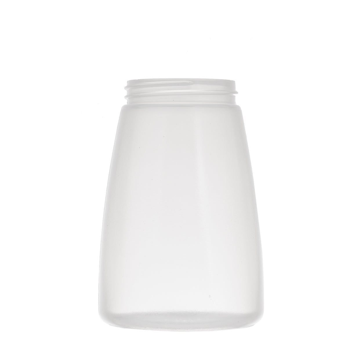 A clear, empty 10 oz BPA free plastic bottle with a wide mouth and no cap is shown against a white background. The bottle has a slightly tapered shape, smooth translucent sides, and can be used as a replacement jar.