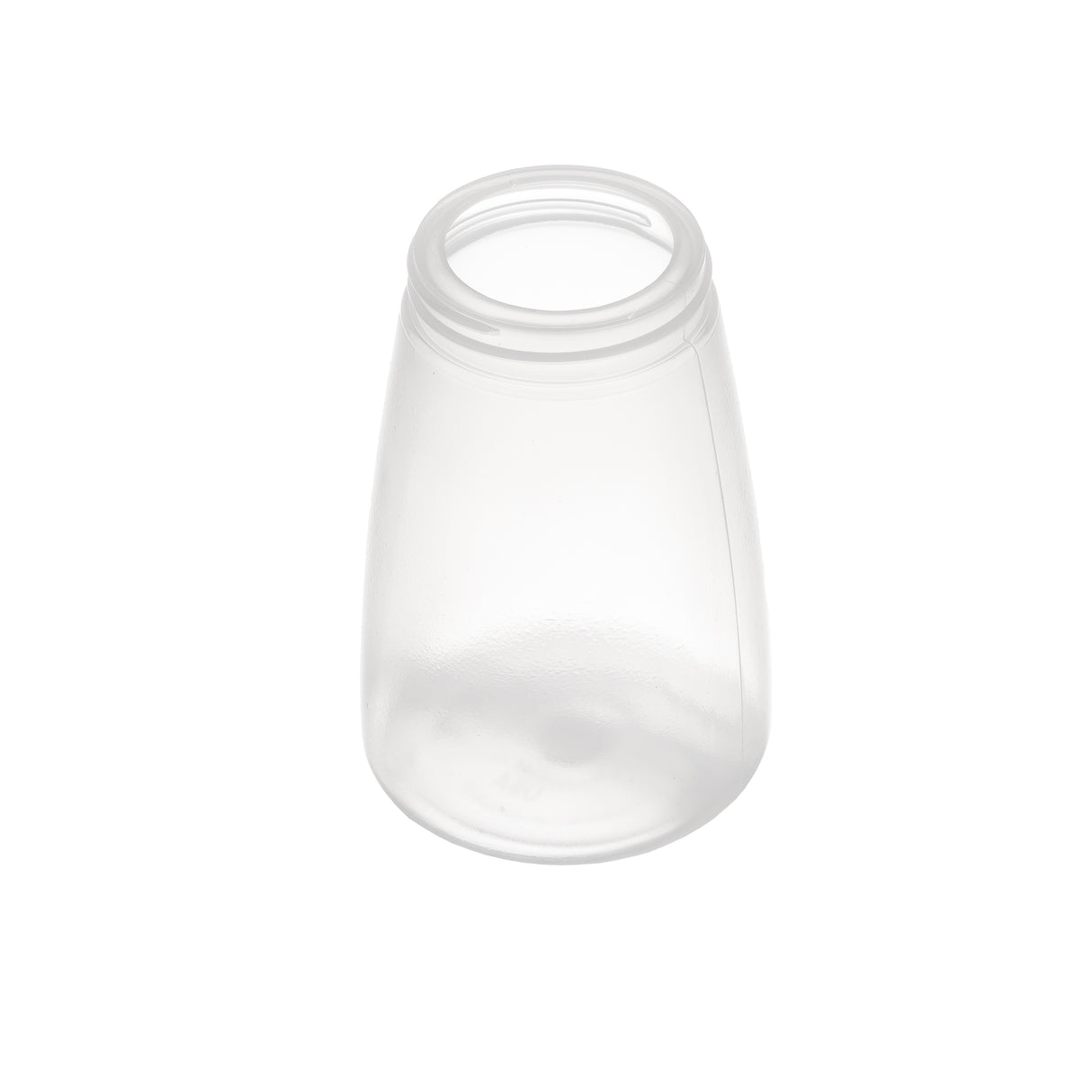 A transparent, BPA free plastic container with a wide circular opening at the top and a slightly tapered, rounded body. This 10 oz replacement jar stands upright on a white background, with no lid visible.