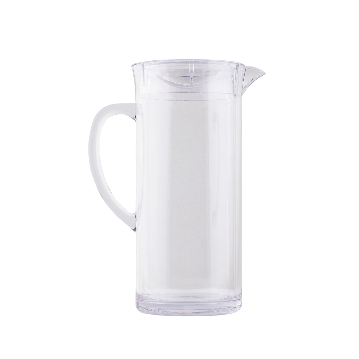 A clear, tall beverage pitcher with a handle and spout is shown against a plain white background. The modern, smooth design is BPA free and dishwasher safe, with a transparent lid and no visible markings.