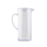A clear, tall beverage pitcher with a handle and spout is shown against a plain white background. The modern, smooth design is BPA free and dishwasher safe, with a transparent lid and no visible markings.