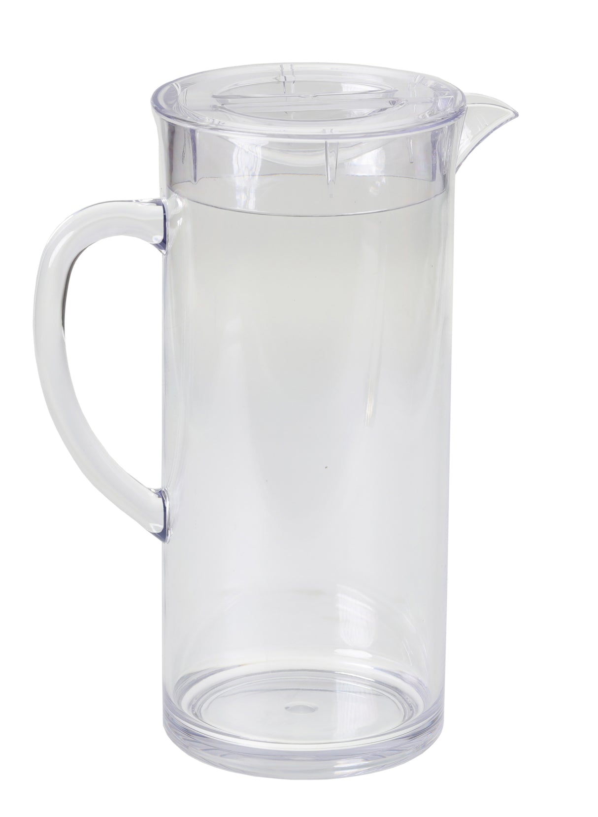A clear BPA free beverage pitcher with a handle and spout, partially filled with water. The transparent lid sits on top, and the plain white background highlights its clean, simple design. This pitcher is also dishwasher safe for easy cleaning.