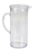 A clear BPA free beverage pitcher with a handle and spout, partially filled with water. The transparent lid sits on top, and the plain white background highlights its clean, simple design. This pitcher is also dishwasher safe for easy cleaning.