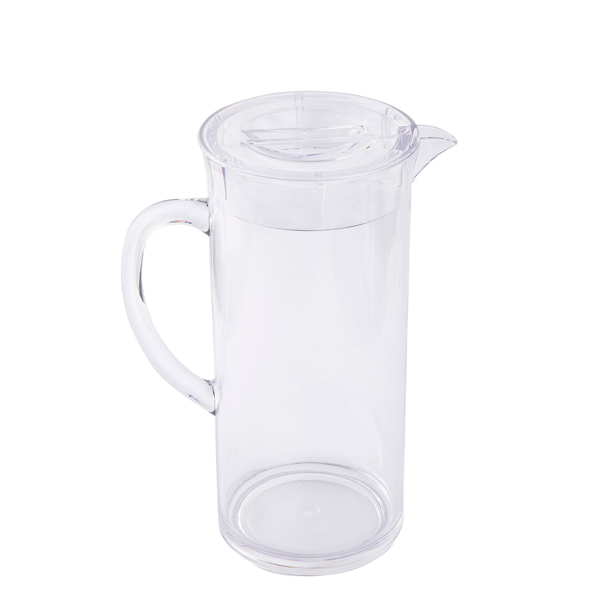 A clear, tall beverage pitcher with a wide handle and fitted lid. Made from BPA free plastic, this dishwasher safe pitcher is empty and set against a plain white background, showing its transparent sides and pouring spout.
