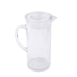 A clear, tall beverage pitcher with a wide handle and fitted lid. Made from BPA free plastic, this dishwasher safe pitcher is empty and set against a plain white background, showing its transparent sides and pouring spout.