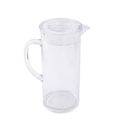 A clear, tall beverage pitcher with a wide handle and fitted lid. Made from BPA free plastic, this dishwasher safe pitcher is empty and set against a plain white background, showing its transparent sides and pouring spout.
