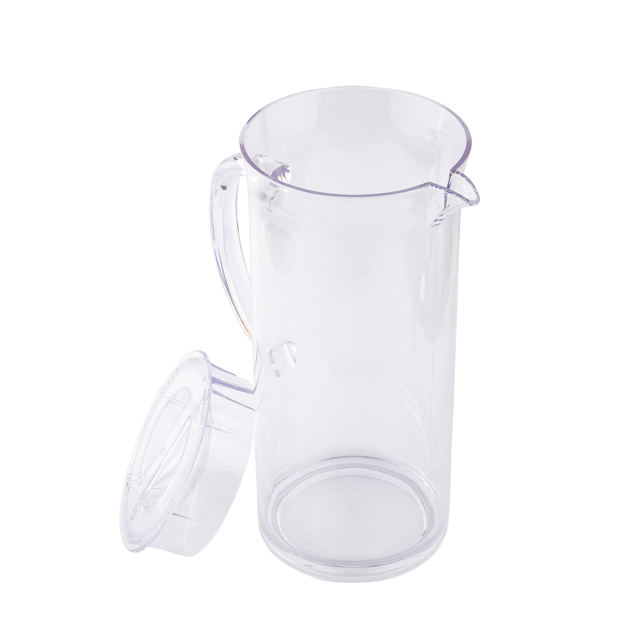 A clear, empty BPA free beverage pitcher with a handle is shown on a white background. The matching round lid, leaning against the pitcher, highlights its clean, transparent look. Both pieces are dishwasher safe for easy cleaning.