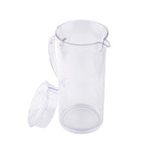A clear, empty BPA free beverage pitcher with a handle is shown on a white background. The matching round lid, leaning against the pitcher, highlights its clean, transparent look. Both pieces are dishwasher safe for easy cleaning.
