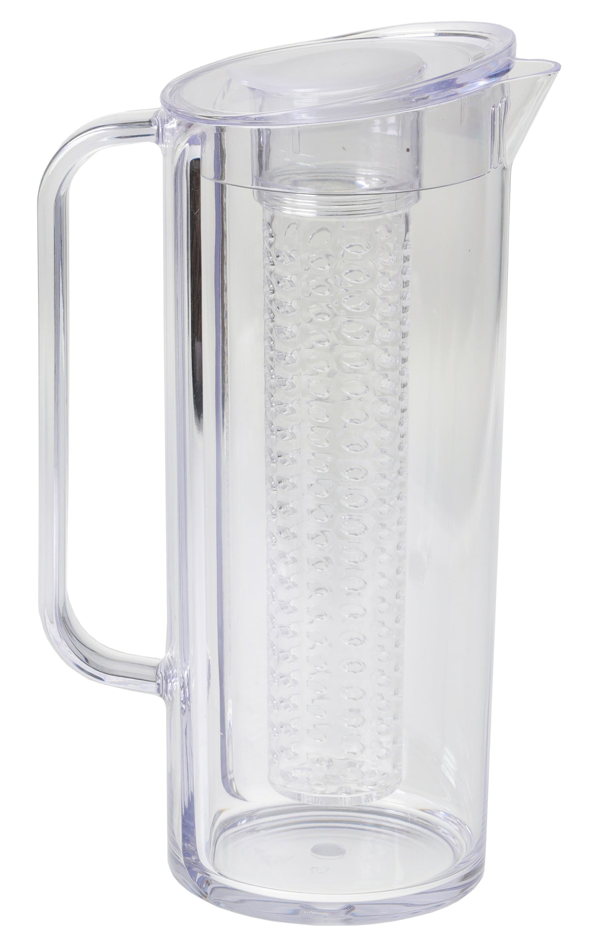 A BPA free Infusion Beverage Pitcher with a handle and spout, featuring a removable insert for infusing water with fruit. The clear plastic pitcher has a matching lid and is dishwasher safe. The background is plain white.