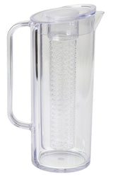 A BPA free Infusion Beverage Pitcher with a handle and spout, featuring a removable insert for infusing water with fruit. The clear plastic pitcher has a matching lid and is dishwasher safe. The background is plain white.