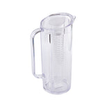 This BPA free Infusion Beverage Pitcher features a handle, lid, and removable cylindrical infuser for fruit, herbs, or ice. Dishwasher safe and clear, the pitcher is empty and set against a plain white background.