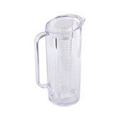 This BPA free Infusion Beverage Pitcher features a handle, lid, and removable cylindrical infuser for fruit, herbs, or ice. Dishwasher safe and clear, the pitcher is empty and set against a plain white background.