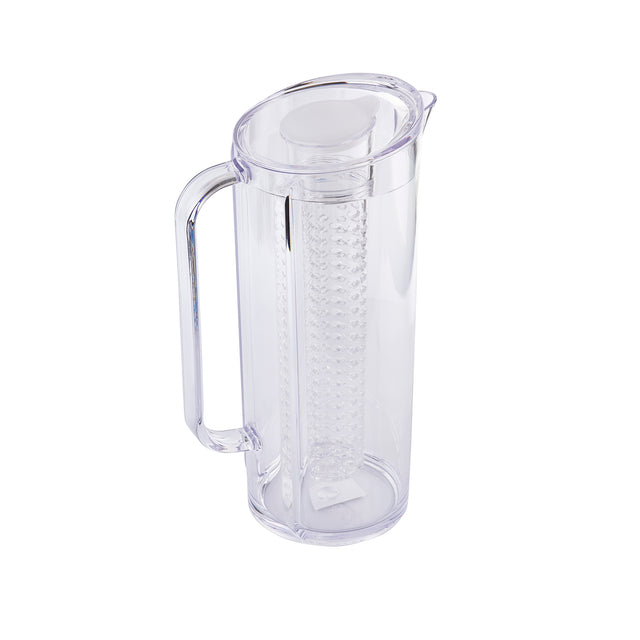 This BPA free Infusion Beverage Pitcher features a handle, lid, and removable cylindrical infuser for fruit, herbs, or ice. Dishwasher safe and clear, the pitcher is empty and set against a plain white background.