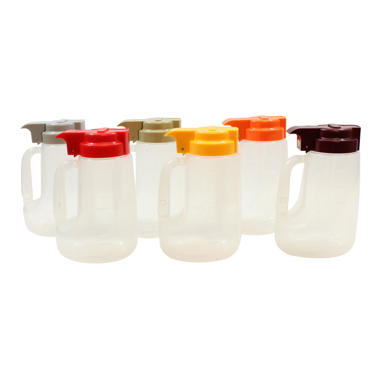 Seven translucent BPA free plastic pitchers with large handles are shown in two rows. Each 32 oz Option Dispenser features a different colored lid: red, yellow, orange, brown, and shades of gray and beige, all empty against a white background.