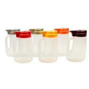 Seven translucent BPA free plastic pitchers with large handles are shown in two rows. Each 32 oz Option Dispenser features a different colored lid: red, yellow, orange, brown, and shades of gray and beige, all empty against a white background.