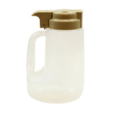 A BPA free, translucent plastic 32 oz dispenser pitcher with a large handle and beige flip-top spout lid, shown against a white background. Faint measurement markings are visible along the side of this Option Dispenser.