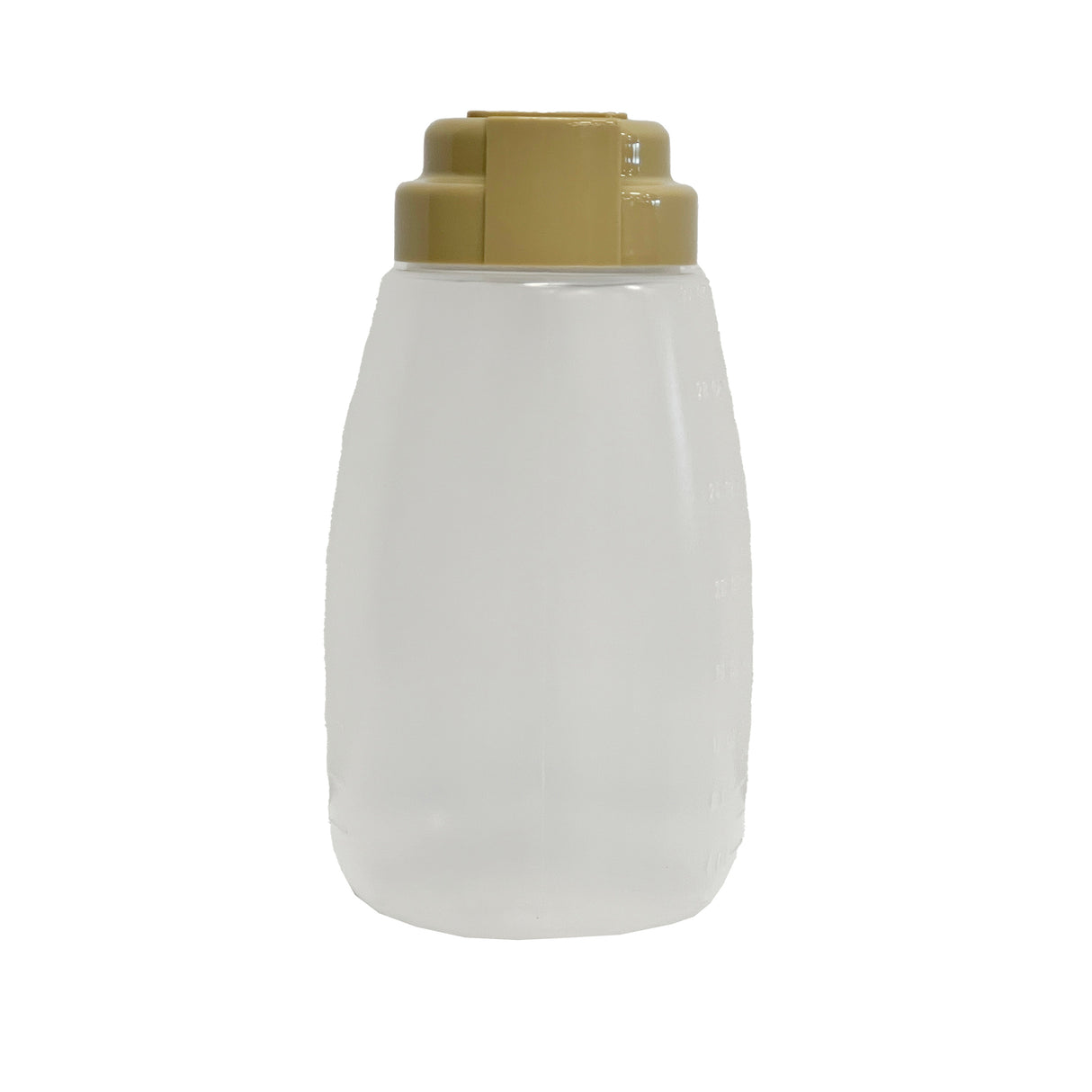 A clear, frosted plastic BPA free Option Dispenser with a wide base and tan screw-on lid stands upright against a white background. The smooth 32 oz dispenser appears empty, with faint measurement markings visible on the side.