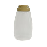 A clear, frosted plastic BPA free Option Dispenser with a wide base and tan screw-on lid stands upright against a white background. The smooth 32 oz dispenser appears empty, with faint measurement markings visible on the side.