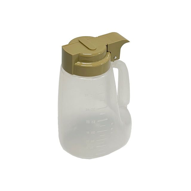 A BPA free, translucent plastic pitcher with a beige flip-top lid and handle. Measurement markings in ounces and milliliters are visible on the 32 oz dispenser. The lid features a spout for pouring and a lever for easy opening. Plain white background.