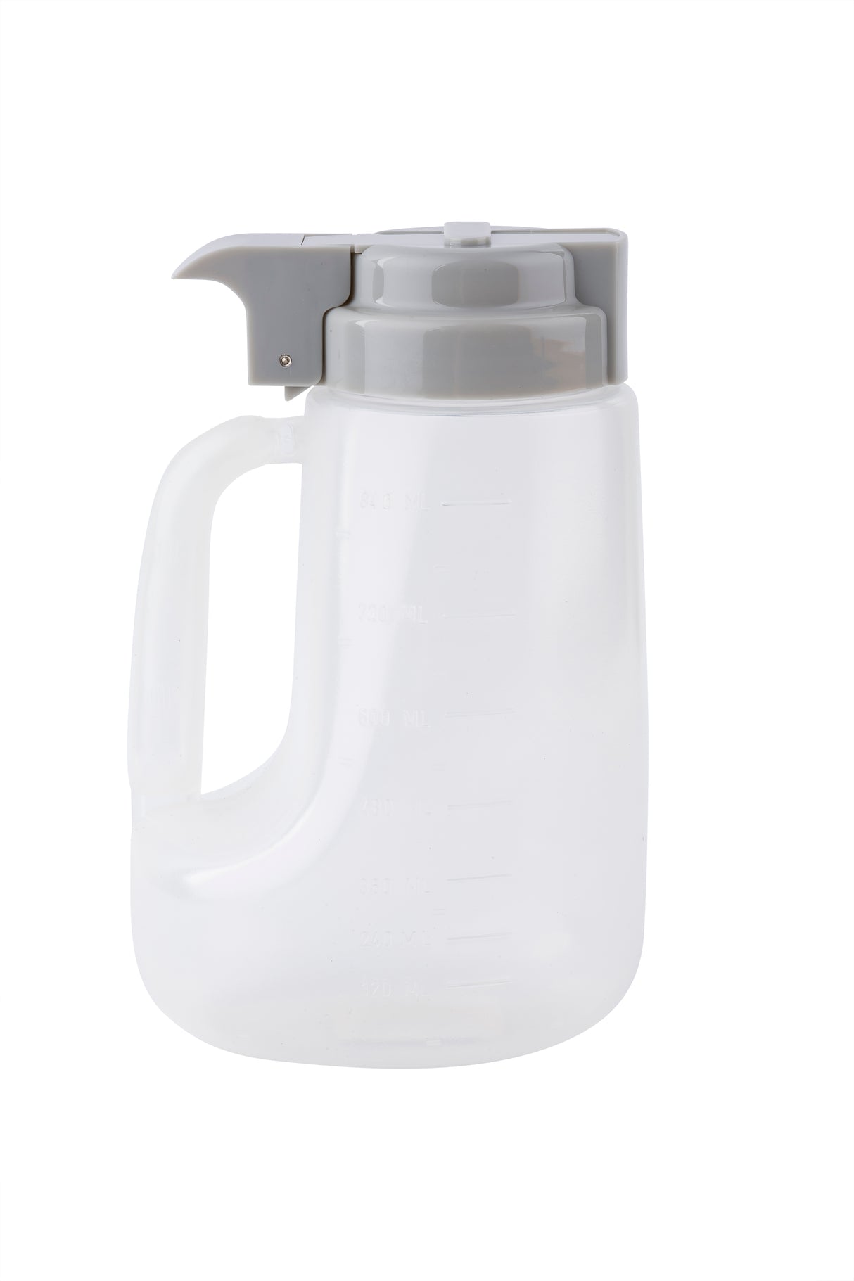 A BPA free, translucent plastic pitcher with a gray flip-top lid and handle, shown against a white background. Measurement markings are faintly visible on the 32 oz dispenser, and the spout is integrated into the lid for easy pouring.