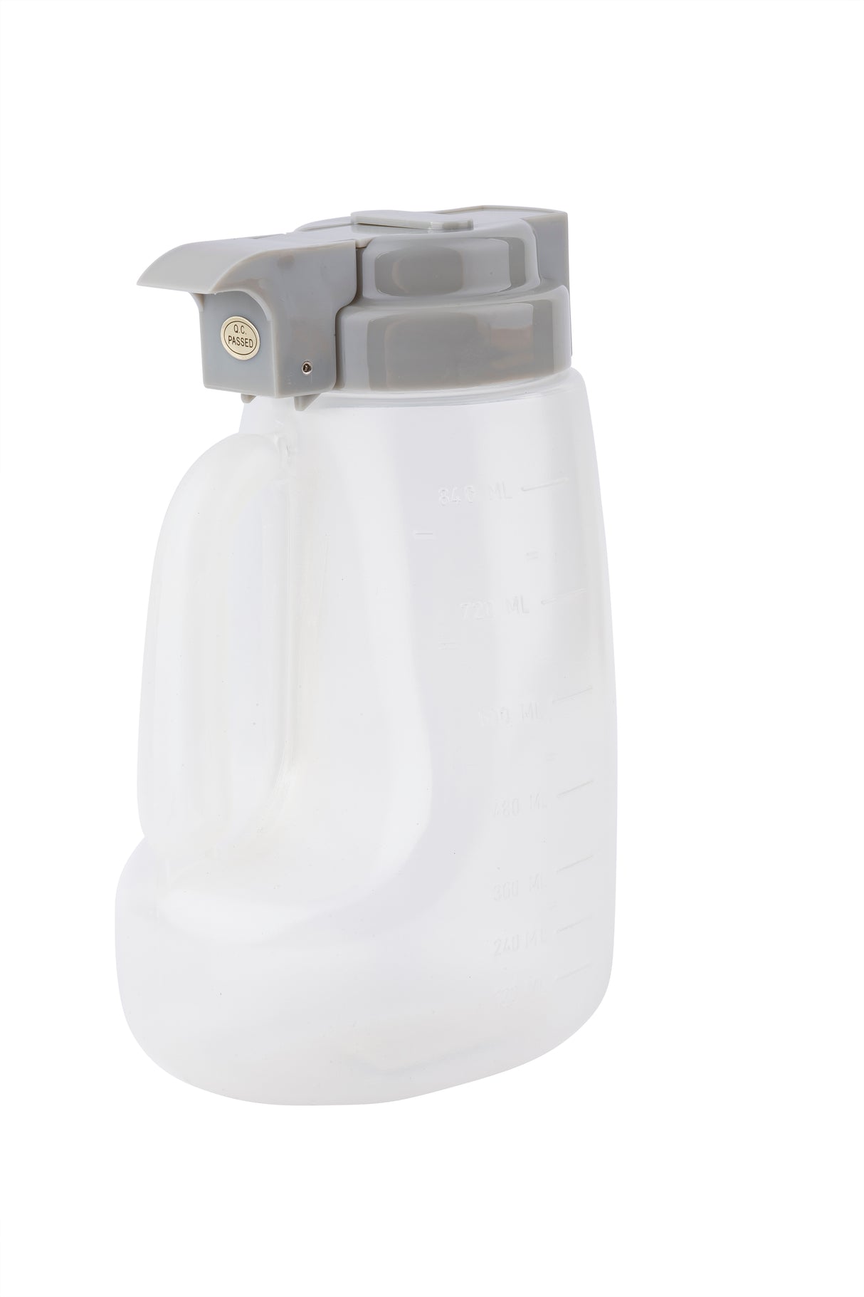 A translucent BPA free 32 oz dispenser measuring jug with a gray flip-top lid and handle, marked with volume measurements in milliliters and ounces on the side, is set against a plain white background.