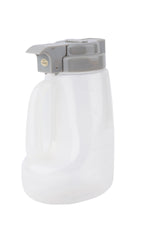 A translucent BPA free 32 oz dispenser measuring jug with a gray flip-top lid and handle, marked with volume measurements in milliliters and ounces on the side, is set against a plain white background.