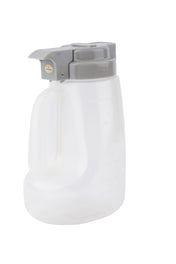 A translucent BPA free 32 oz dispenser measuring jug with a gray flip-top lid and handle, marked with volume measurements in milliliters and ounces on the side, is set against a plain white background.