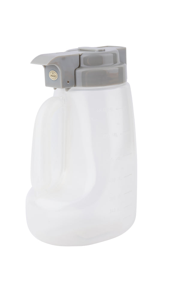 A translucent BPA free 32 oz dispenser measuring jug with a gray flip-top lid and handle, marked with volume measurements in milliliters and ounces on the side, is set against a plain white background.