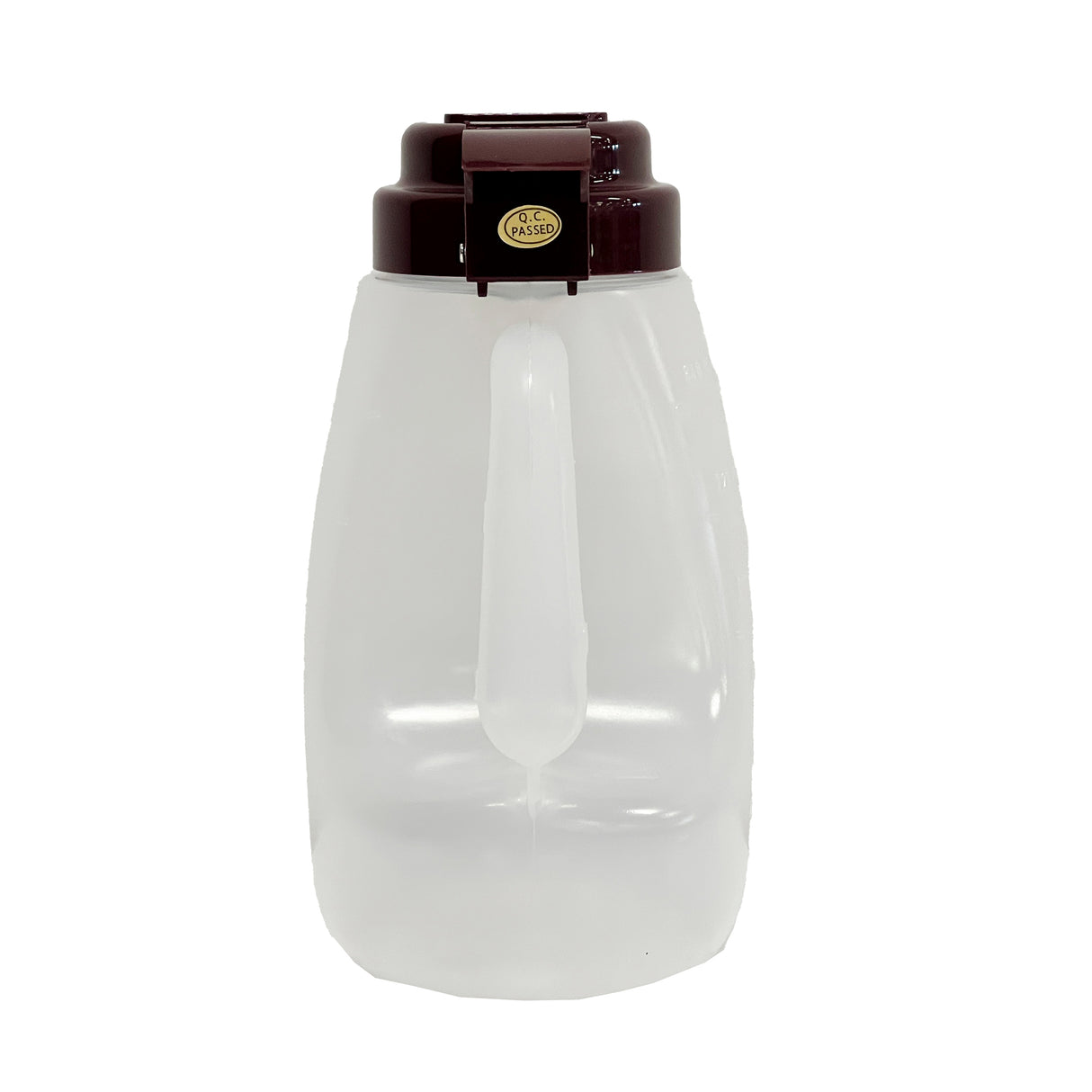 A large, translucent BPA free plastic jug with an integrated handle and a dark brown screw-on lid. The 32 oz Option Dispenser features a small gold sticker that says QC PASSED. The jug is empty and photographed against a plain white background.