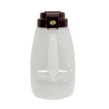A large, translucent BPA free plastic jug with an integrated handle and a dark brown screw-on lid. The 32 oz Option Dispenser features a small gold sticker that says QC PASSED. The jug is empty and photographed against a plain white background.