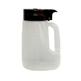 A translucent BPA free plastic pitcher with a built-in handle and measurement markings on the side. The 32 oz. container features a dark brown lid with a spout for pouring, set against a plain white background to highlight its design.
