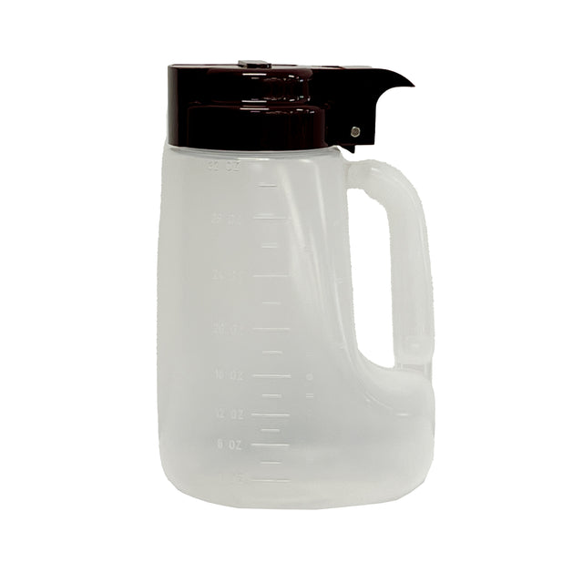A translucent BPA free plastic pitcher with a built-in handle and measurement markings on the side. The 32 oz. container features a dark brown lid with a spout for pouring, set against a plain white background to highlight its design.