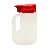A translucent, BPA free plastic Option Dispenser pitcher with measurement markings, a side handle, and red flip-top spout lid. The 32 oz. container is upright against a plain white background, showcasing its simple, functional design.