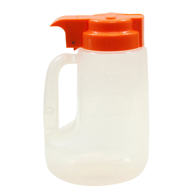 A BPA free 32 oz dispenser, this translucent plastic pitcher features a built-in handle, orange flip-top lid with button for easy dispensing, measurement lines, and a spout for smooth pouring.