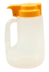 A BPA free, translucent plastic 32 oz dispenser pitcher with measurement markings, an ergonomic side handle, and a bright yellow flip-top spout lid for pouring. The container is empty and photographed against a white background.