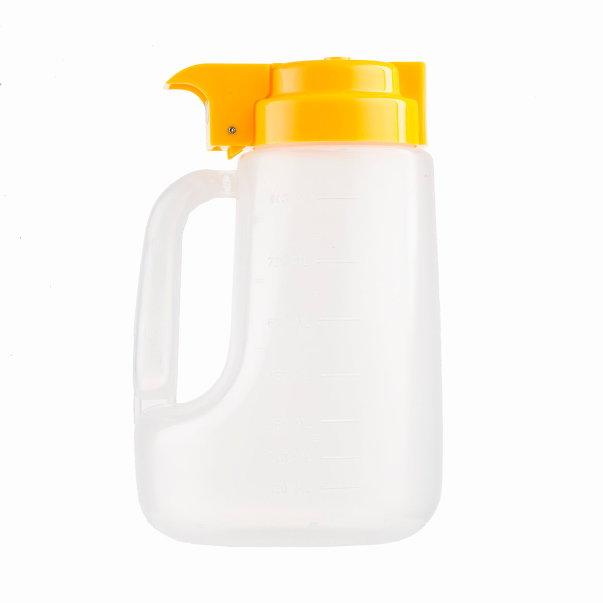 A translucent BPA free 32 oz dispenser with a built-in handle and bright yellow flip-top spout lid, designed for pouring liquids. Measurement markings run along the side, set against a plain white background.