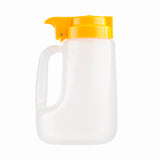 A translucent BPA free 32 oz dispenser with a built-in handle and bright yellow flip-top spout lid, designed for pouring liquids. Measurement markings run along the side, set against a plain white background.