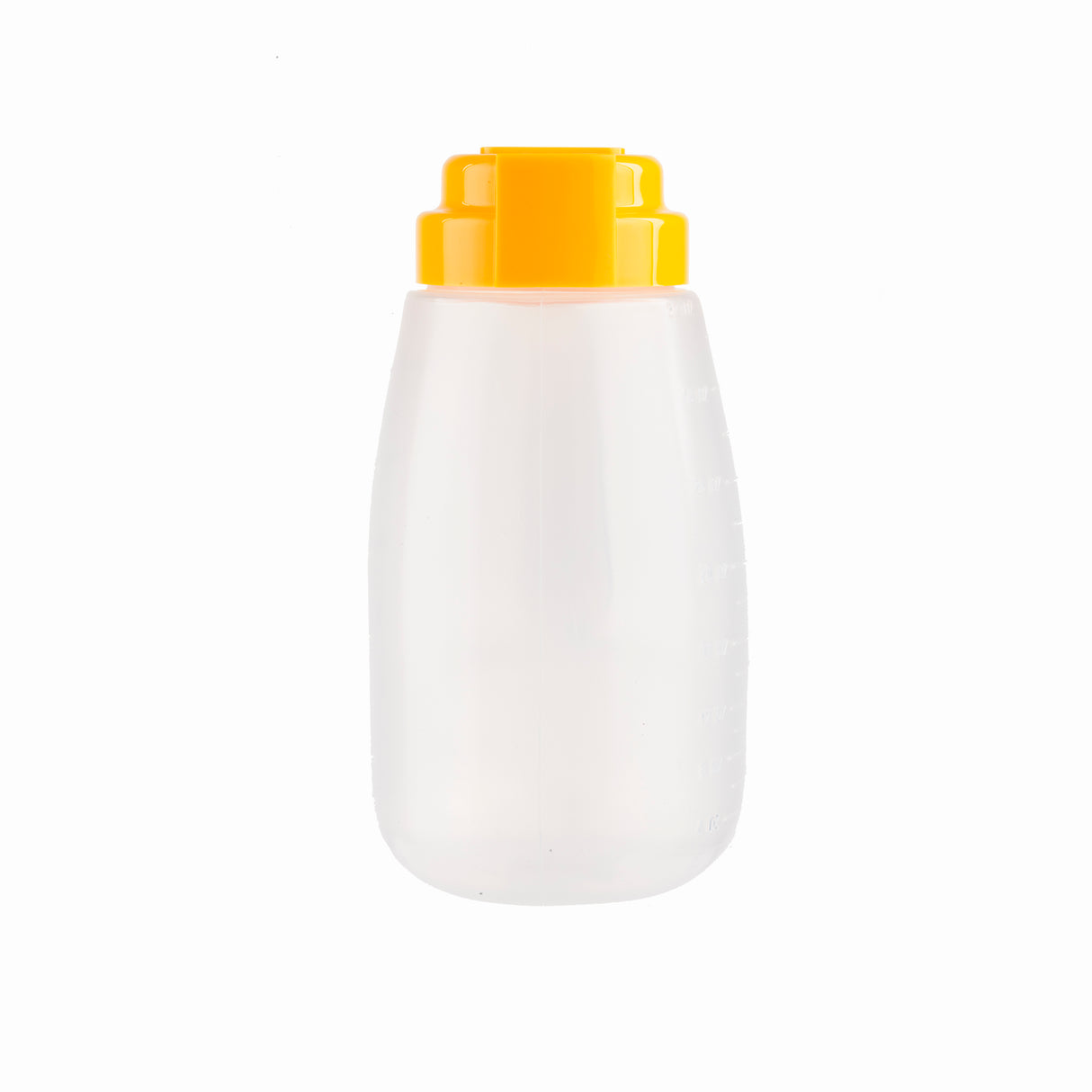 A translucent, oval-shaped BPA free plastic bottle with a wide yellow cap. The plain 32 oz dispenser stands upright against a white background, featuring no visible labels or markings for a clean, minimalistic look.