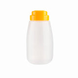 A translucent, oval-shaped BPA free plastic bottle with a wide yellow cap. The plain 32 oz dispenser stands upright against a white background, featuring no visible labels or markings for a clean, minimalistic look.