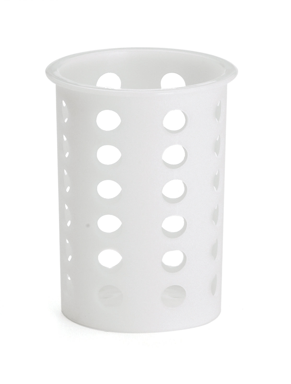 A white polypropylene flatware cylinder, featuring evenly spaced circular holes on its sides, stands upright with a slightly flared rim on a plain white background. This container is also dishwasher safe for easy cleaning.