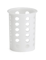 A white polypropylene flatware cylinder, featuring evenly spaced circular holes on its sides, stands upright with a slightly flared rim on a plain white background. This container is also dishwasher safe for easy cleaning.