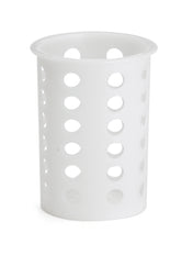 A white polypropylene flatware cylinder, featuring evenly spaced circular holes on its sides, stands upright with a slightly flared rim on a plain white background. This container is also dishwasher safe for easy cleaning.