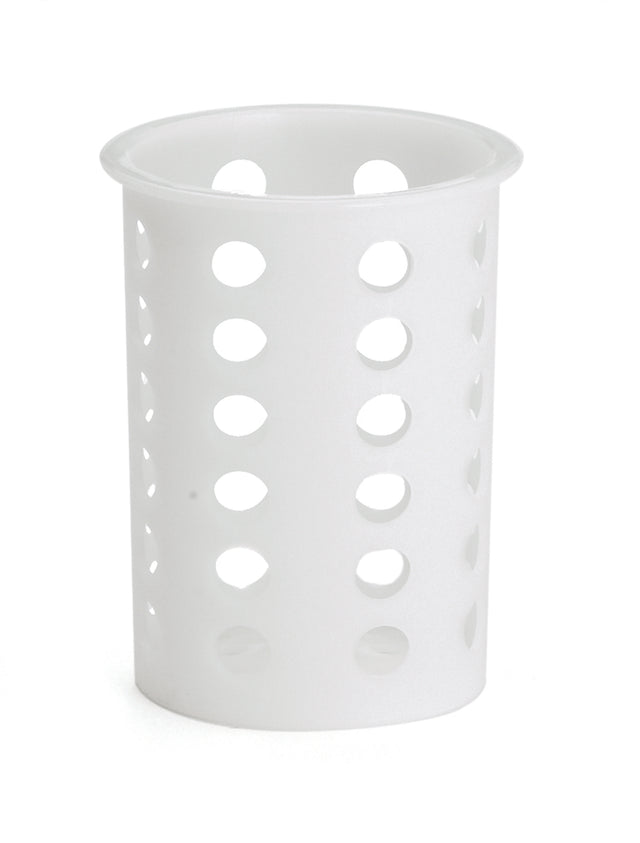 A white polypropylene flatware cylinder, featuring evenly spaced circular holes on its sides, stands upright with a slightly flared rim on a plain white background. This container is also dishwasher safe for easy cleaning.