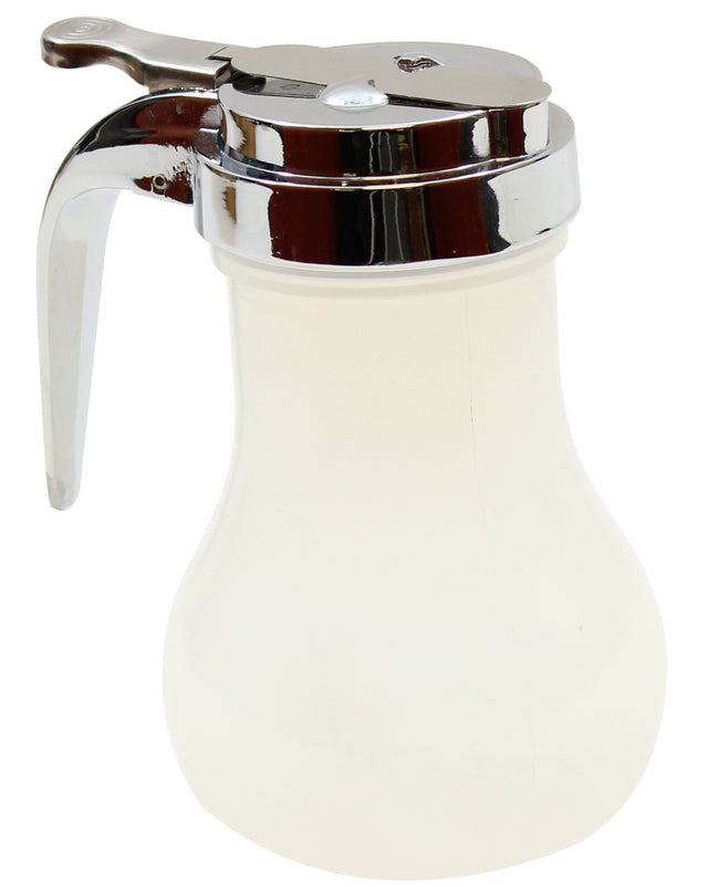 A teardrop design syrup dispenser with a chrome metal lid and lever. The clear, bulb-shaped container is dishwasher safe and features a sturdy handle attached to the lid, which has a small knob for easy opening and pouring.