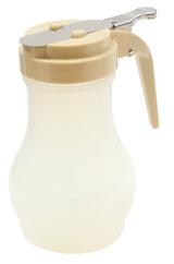 A BPA free syrup dispenser with a beige lid, handle, and spout. The lid features a metal lever for pouring and two beige circular knobs on top. This translucent, curved container is empty and dishwasher safe for easy cleaning.