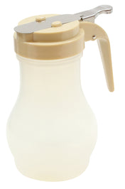 A BPA free syrup dispenser with a beige lid, handle, and spout. The lid features a metal lever for pouring and two beige circular knobs on top. This translucent, curved container is empty and dishwasher safe for easy cleaning.