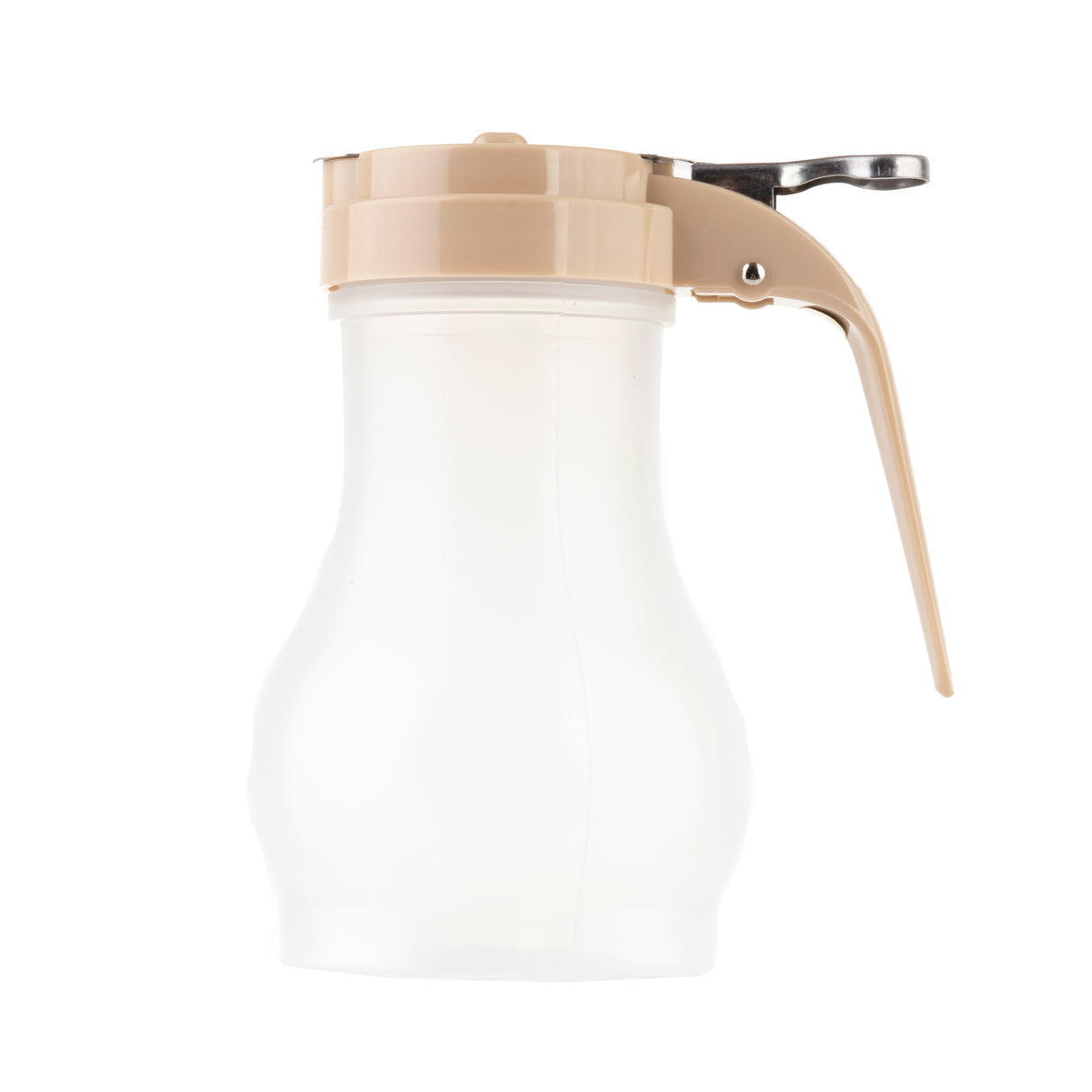 A translucent plastic syrup dispenser with a beige lid and a handle featuring a metal lever, photographed against a white background. This BPA free dispenser has a wide base that narrows toward the top and is dishwasher safe for easy cleaning.