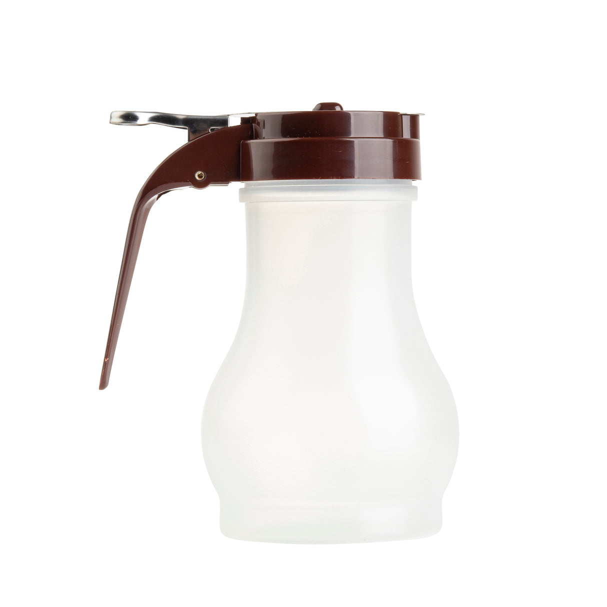 A clear, frosted glass syrup dispenser with a wide base, BPA free and dishwasher safe, featuring a brown plastic lid with a metal lever handle for easy pouring, shown against a plain white background.
