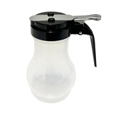 A BPA free syrup dispenser with a clear plastic, rounded body, black lid, and metal lever handle for easy pouring. The dispenser is empty and shown against a plain white background.