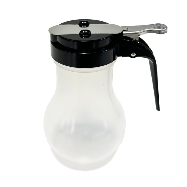 A BPA free syrup dispenser with a clear plastic, rounded body, black lid, and metal lever handle for easy pouring. The dispenser is empty and shown against a plain white background.