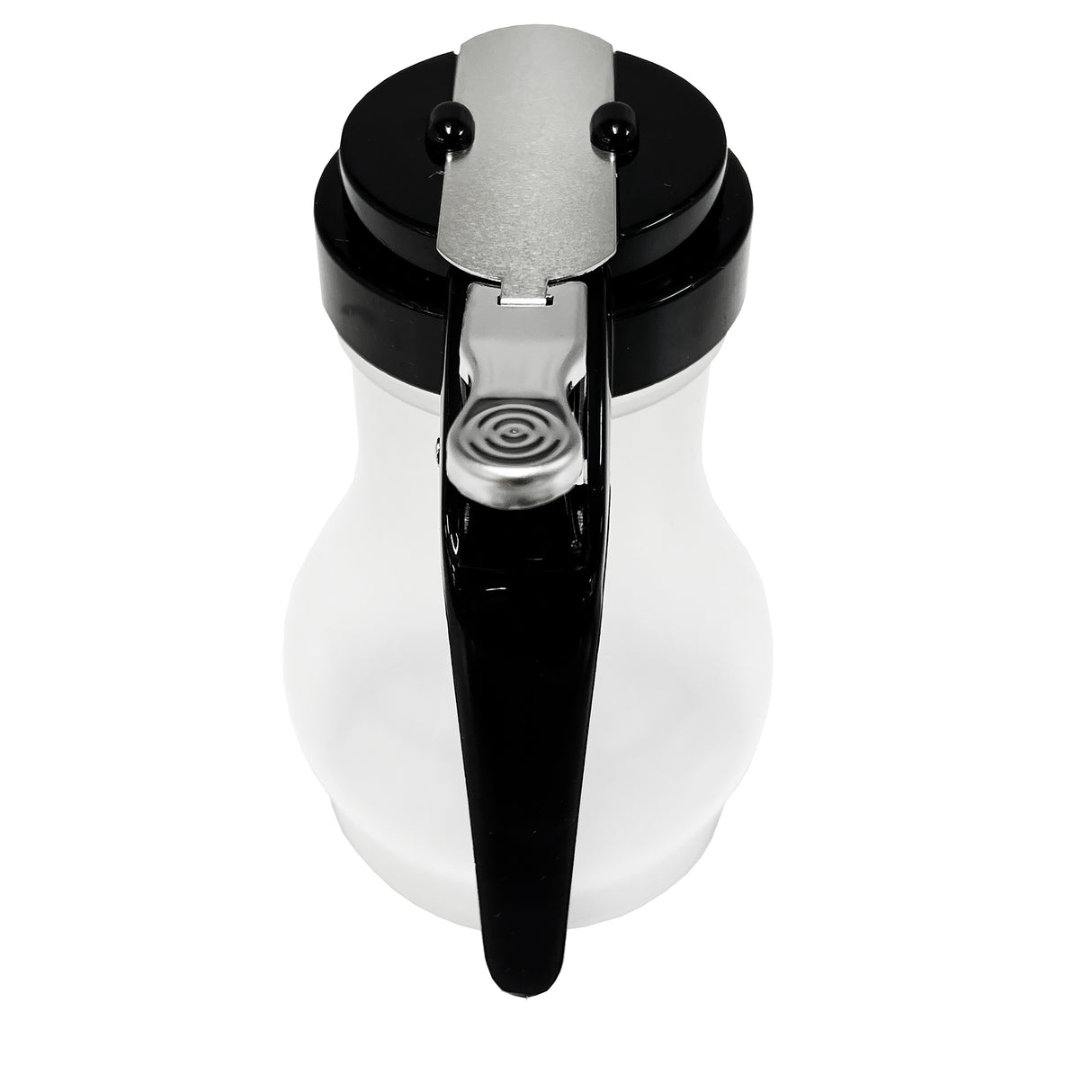 A BPA free syrup dispenser with a black handle and lid, featuring a silver metal lever for pouring. The rounded glass body is shown from above, highlighting the handle and lever—plus, it's dishwasher safe for easy cleaning.